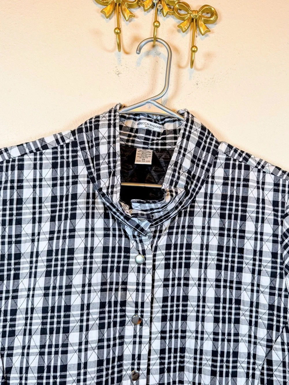 Rebecca Malone Black/White Y2K Vintage Plaid Sleeveless Snap Front Vest Size 3X